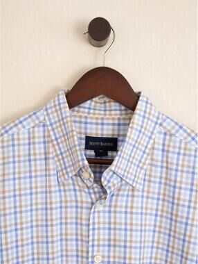 Scott Barber Plaid Button Front Dress Shirt – Blue & Tan Check – Men’s